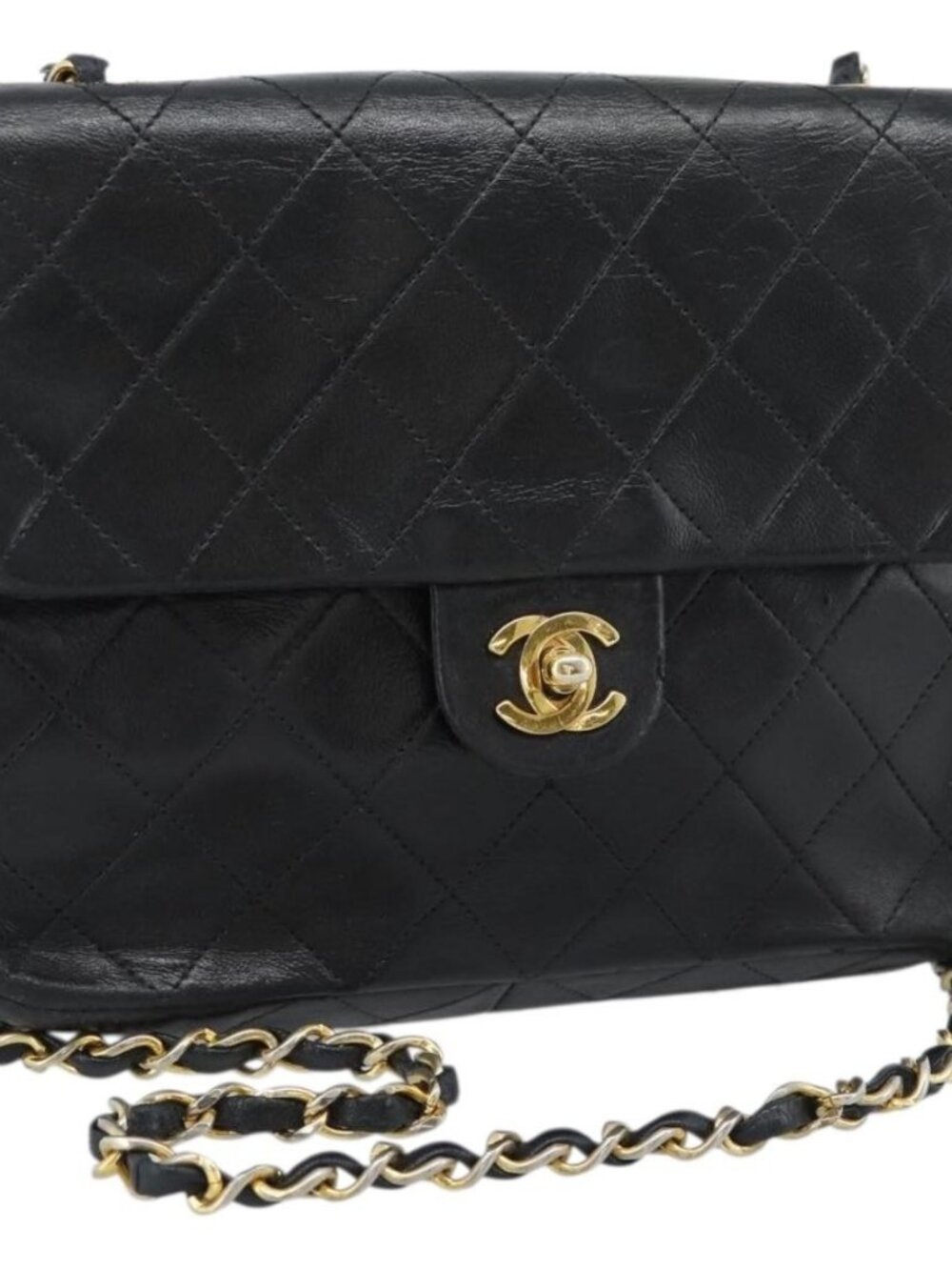 CHANEL Mini Matelasse 20 Chain Shoulder Bag Lamb Skin Black Gold CC Auth bs27341